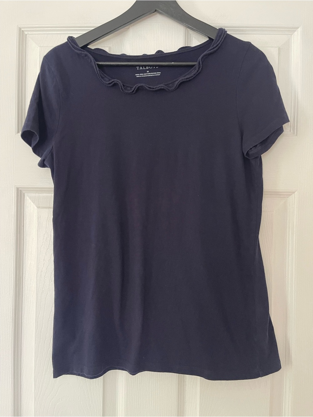 Talbots Navy Short Sleeve Top with Ruffle Neck